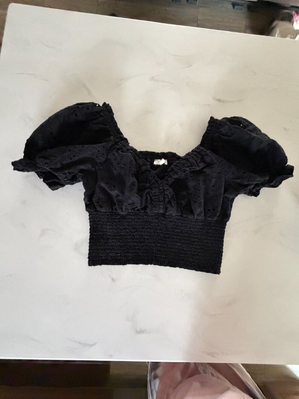 Jennifer & Grace Black Eyelet Smocked Off Shoulder Crop Top S - Picture 4 of 9